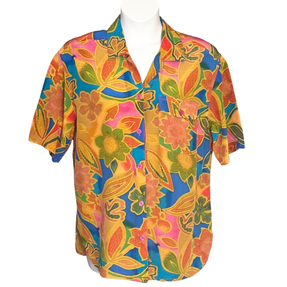 Vintage Christie & Jill Floral Silk Blouse Retro Button Up Top Size M Colorful